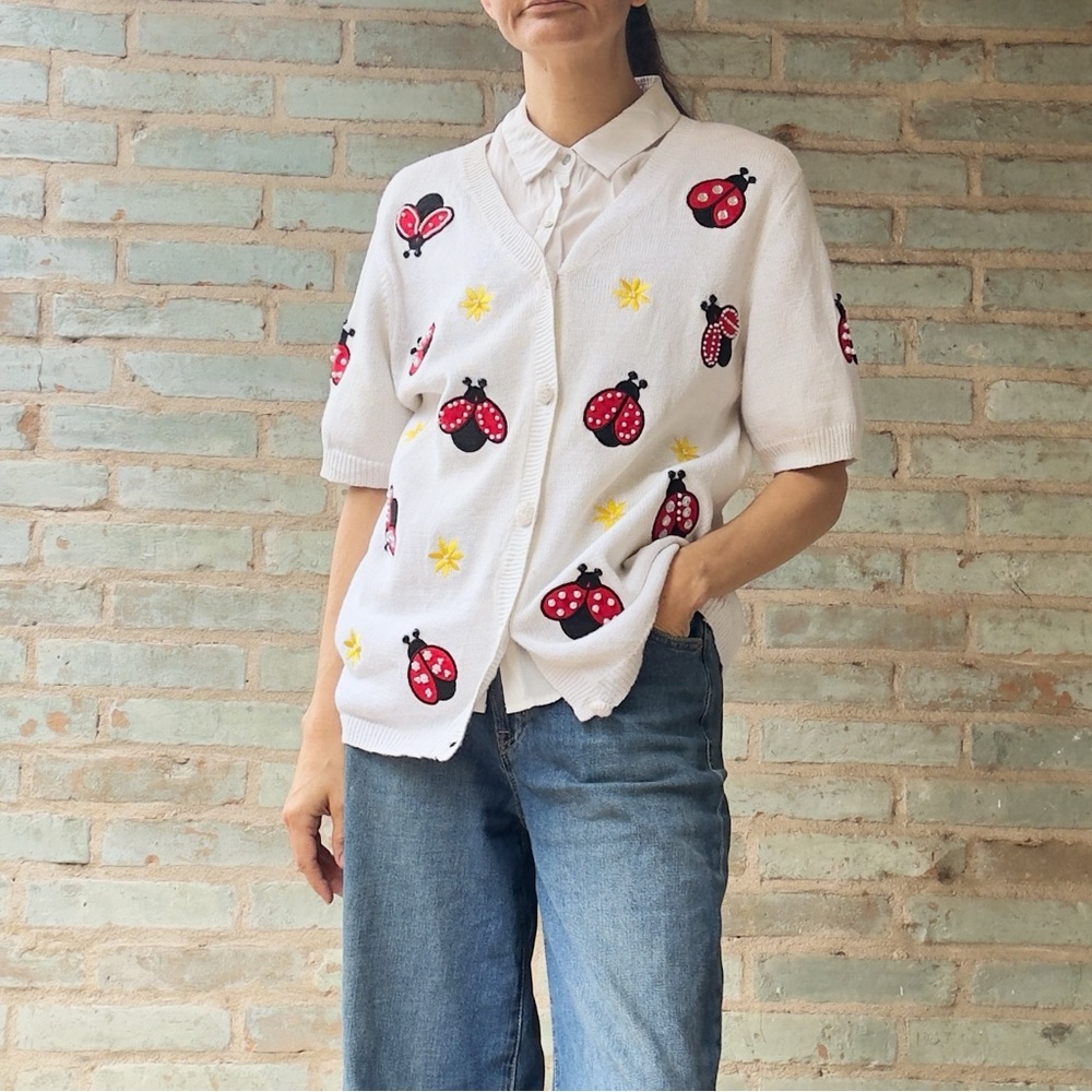 Vintage Cardigan Sweater 80s 90s Ladybug Appliqué Novelty Short Sleeve Twee